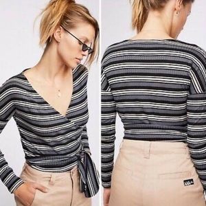Free People Always with Me Striped Crossover Wrap Crop Tie Waist Fitted Top